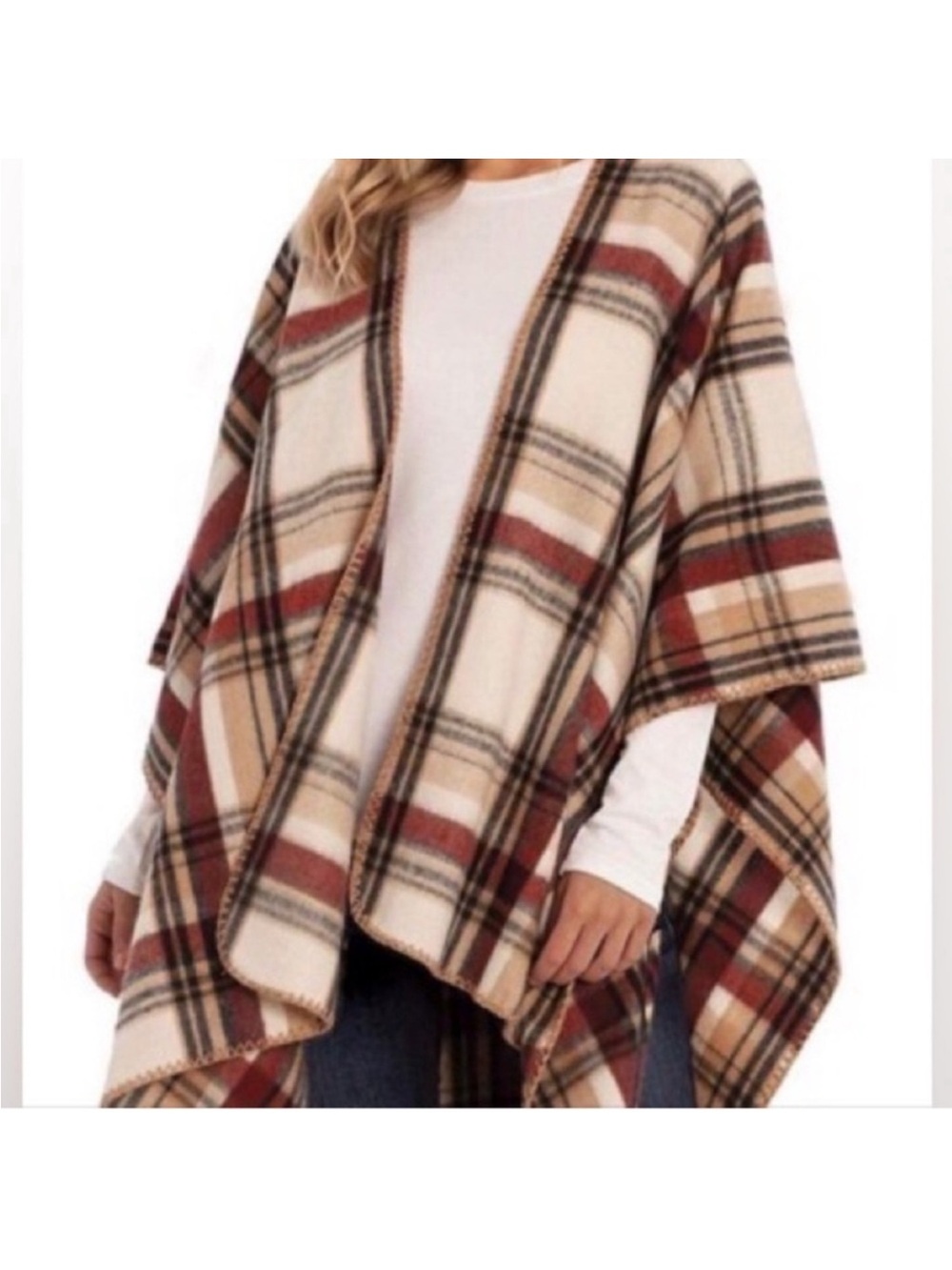 Woolrich Plaid Blanket Wrap Cape Poncho Luxe Sz OS Travel Friendly Cream Tan Red